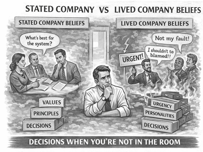 Operating philosophy gap between stated company beliefs and lived company behavior showing decisions when leadership isn't watching