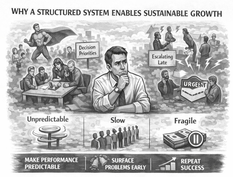 Operating philosophy and sustainable growth framework showing structured systems versus hero-dependent organizations
