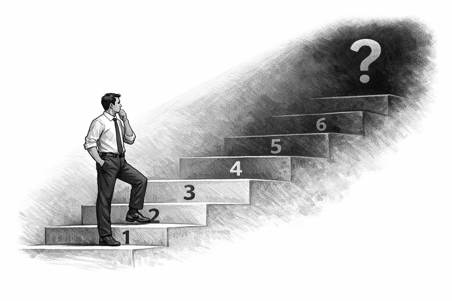 A leader standing at the bottom of a dark stairwell, contemplating the first step